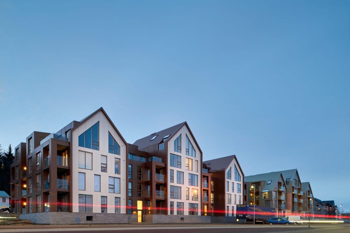 Skáld Akureyri hotel exterior at dusk with modern Scandinavian architecture and colorful facade