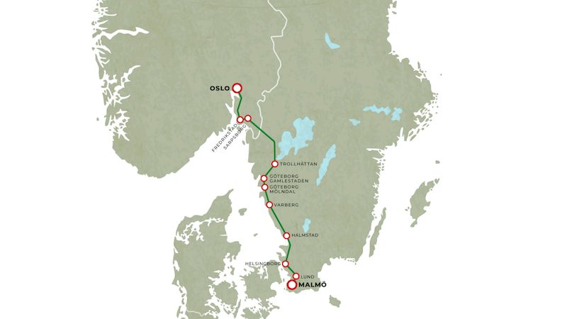 Map showing new rail route between Malmö, Sweden and Oslo, Norway along the west coast