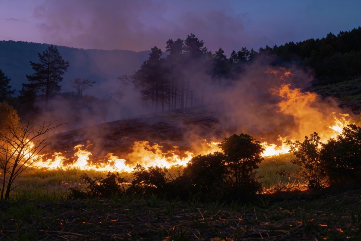 Massive wildfire with bright orange flames spreading across forested hillside at dusk