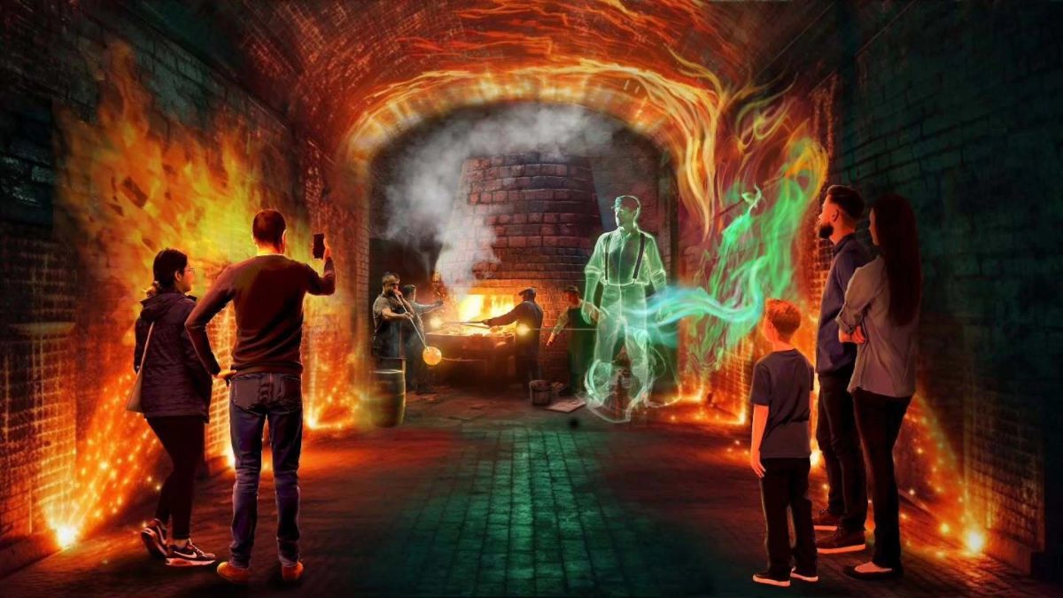 Illuminated underground tunnel with glowing green figures and orange flames along brick walls