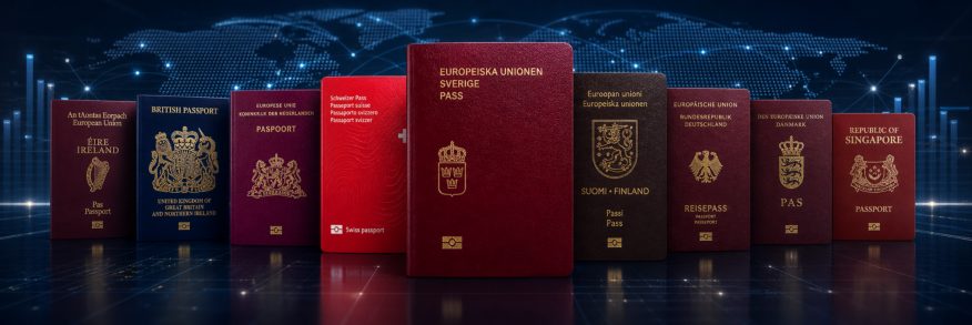 Collection of international passports displayed against a digital world map background