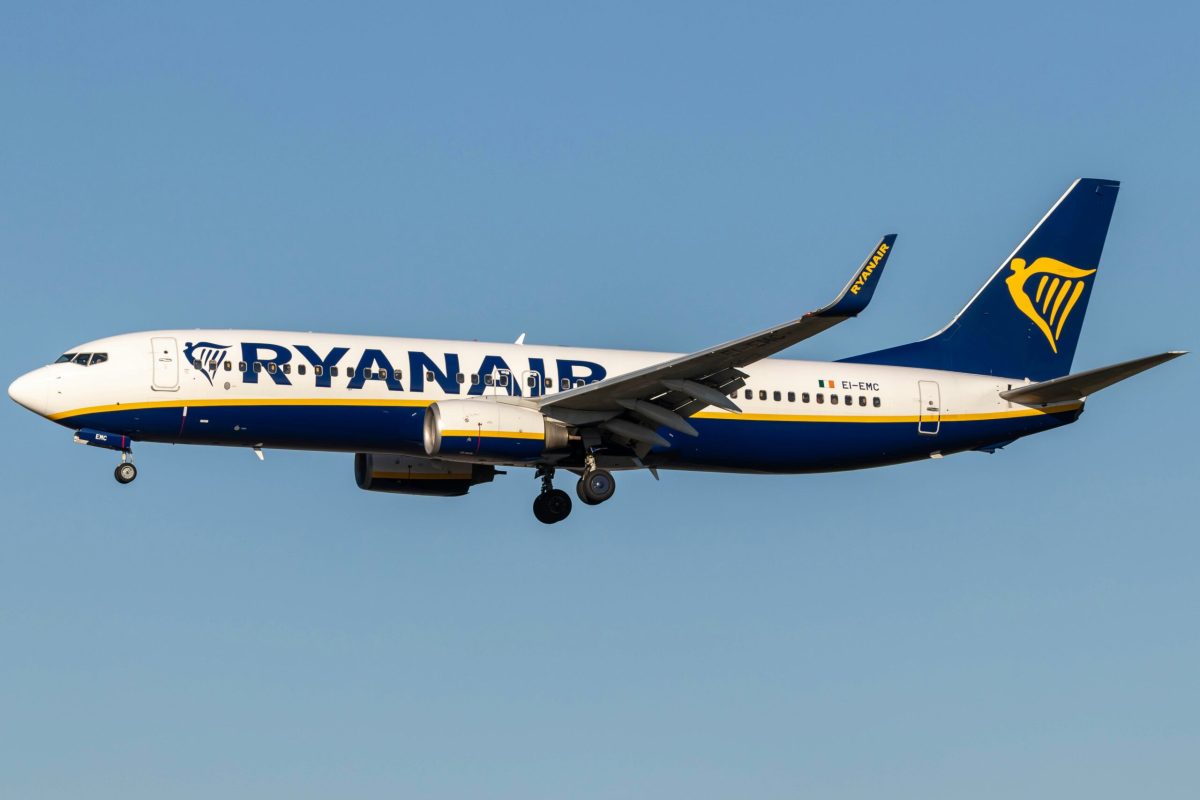 Ryanair Boeing 737 aircraft in flight against clear blue sky