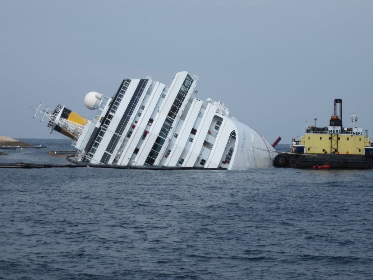 Costa Concordia cruise ship tilted severely in the water with rescue vessel alongside