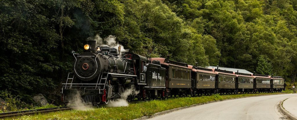 Historic steam locomotive pulling passenger cars through dense forest on curved tracks