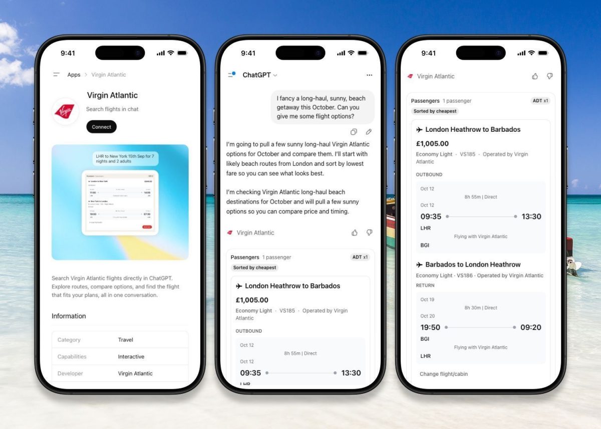 Three iPhone screens showing Virgin Atlantic's ChatGPT-integrated travel app interface