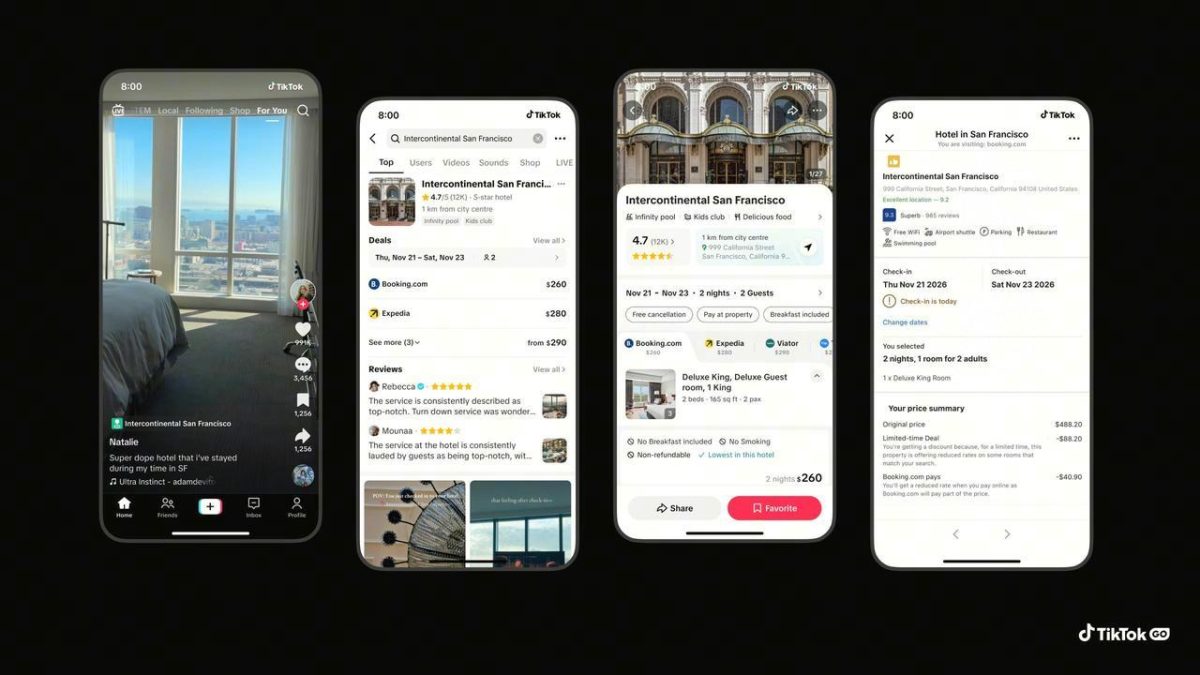 TikTok GO booking interface showing hotel discovery and reservation screens on mobile