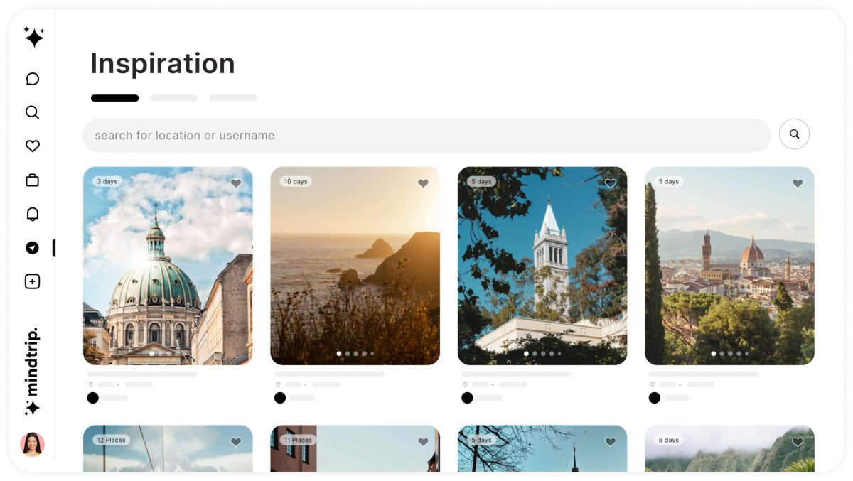 Travel inspiration grid showing scenic destinations including European architecture and landscapes