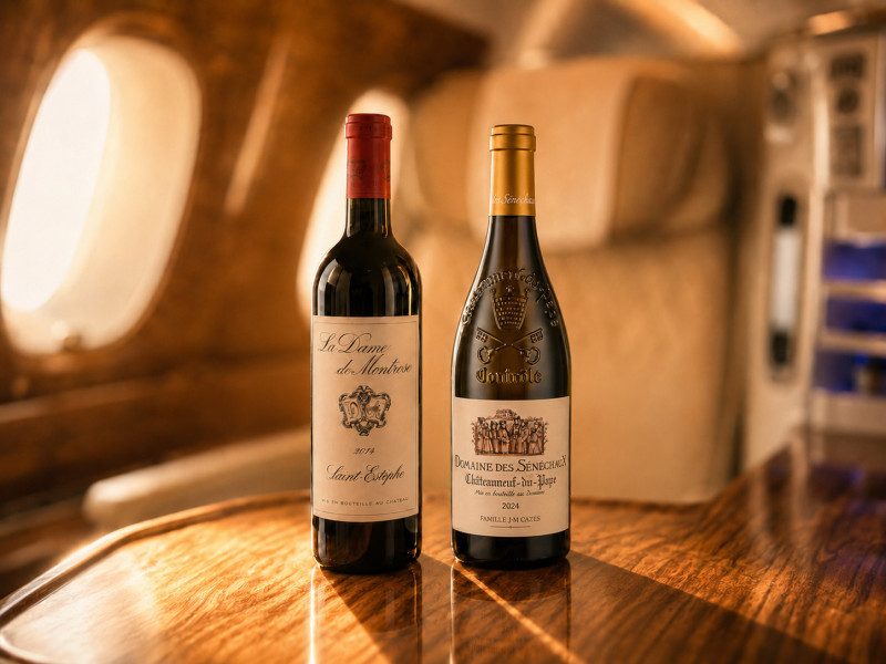Two bottles of English sparkling wine on a table in an Emirates aircraft cabin.