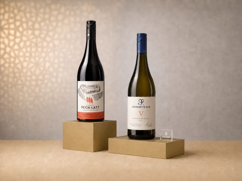 Two bottles of English sparkling wine on wooden pedestals.