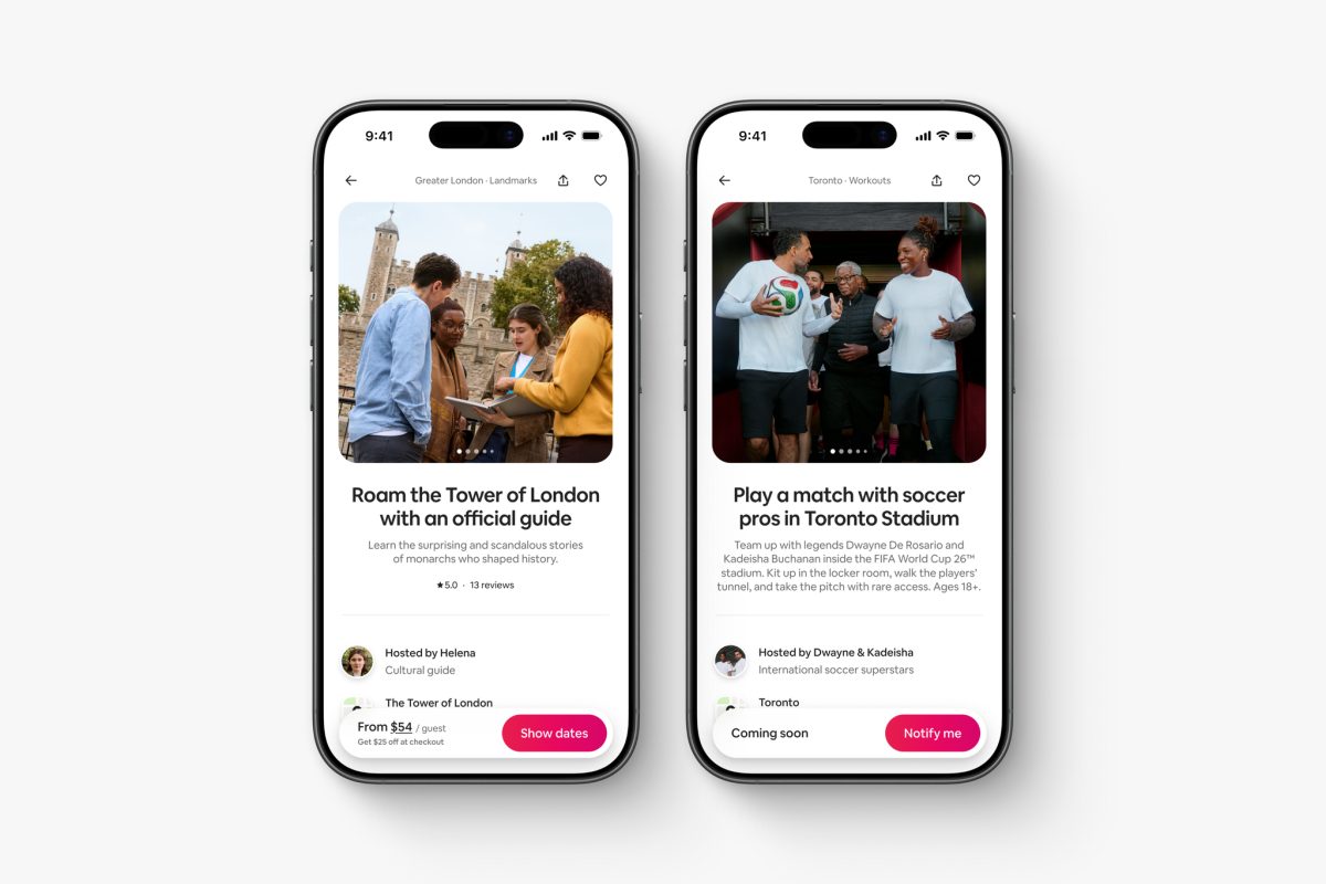 Two iPhone screens showing Airbnb's expanded travel planning features and experiences