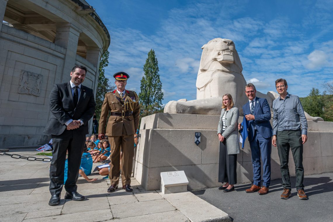 UNESCO plaque ceremony at a WWI memorial in Wallonia, Belgium.