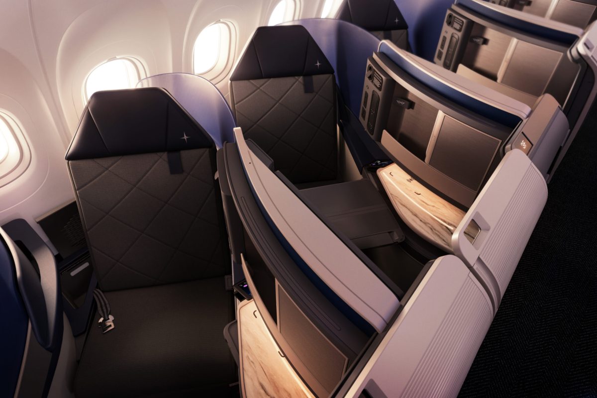 United Airlines Economy Plus cabin showing blocked middle seat configuration on Airbus A321XLR