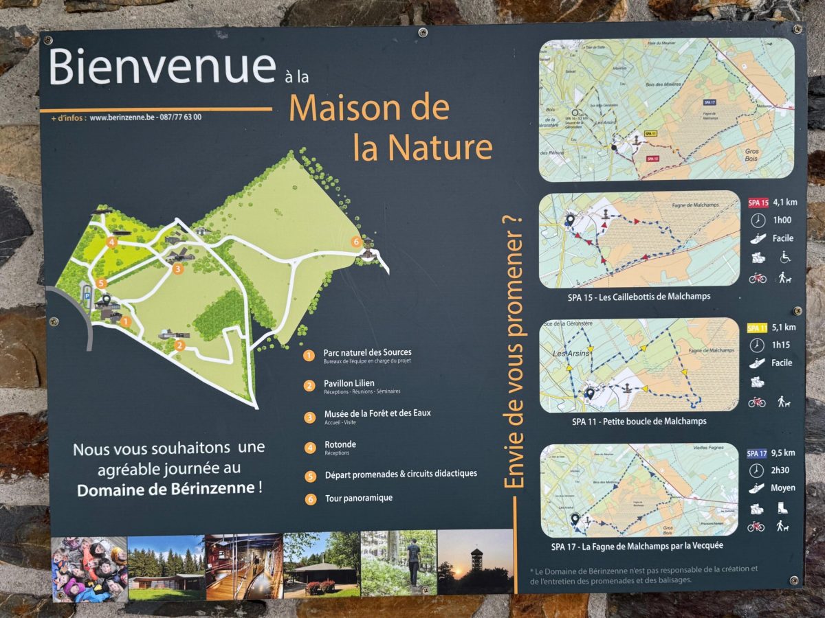 Welcome sign for Maison de la Nature at Fagne de Malchamps with trail maps