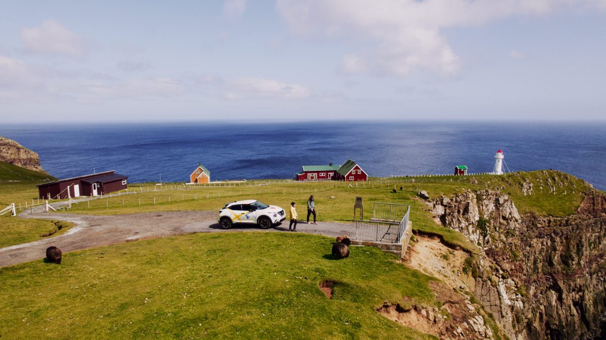 White car parked on grassy cliffs overlooking the blue ocean in the Faroe Islands
