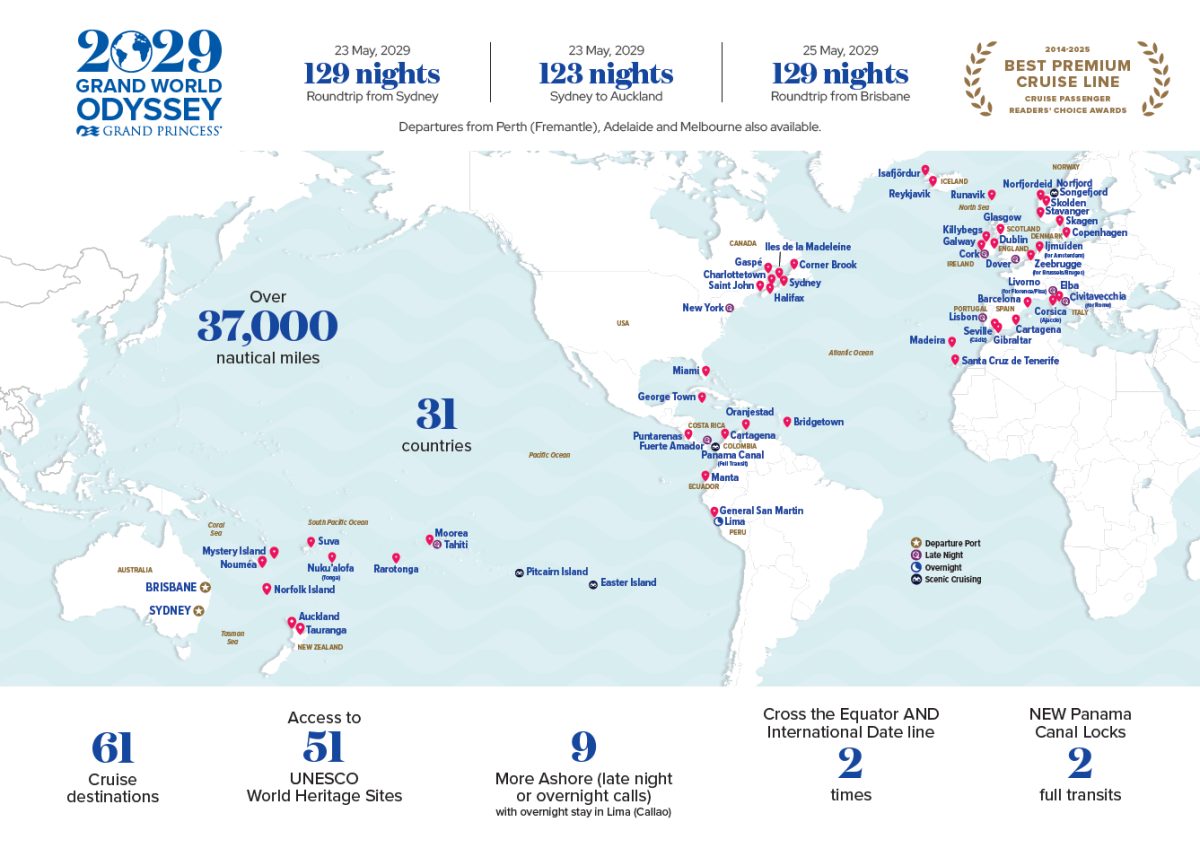 World map highlighting cruise route with numerous destinations marked.