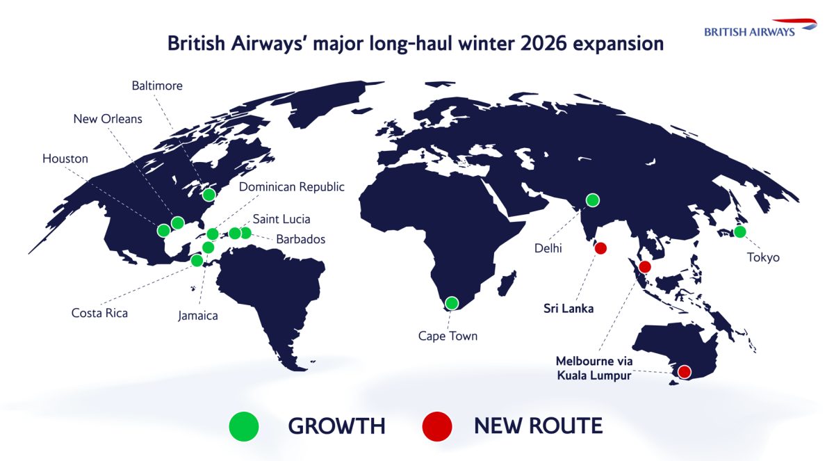 World map showing British Airways winter 2026 expansion routes with growth destinations in green and new routes in red