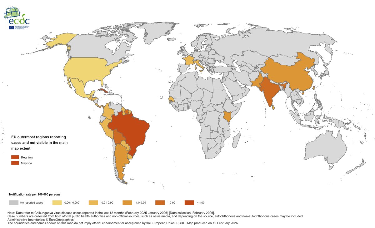 World map showing chikungunya virus transmission risk by region in color gradients