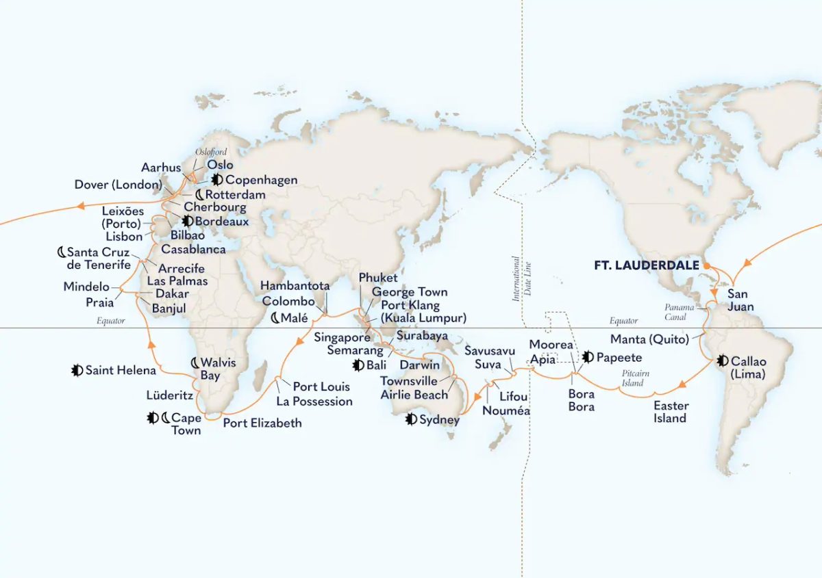 World map showing Holland America Line cruise ports across continents and oceans