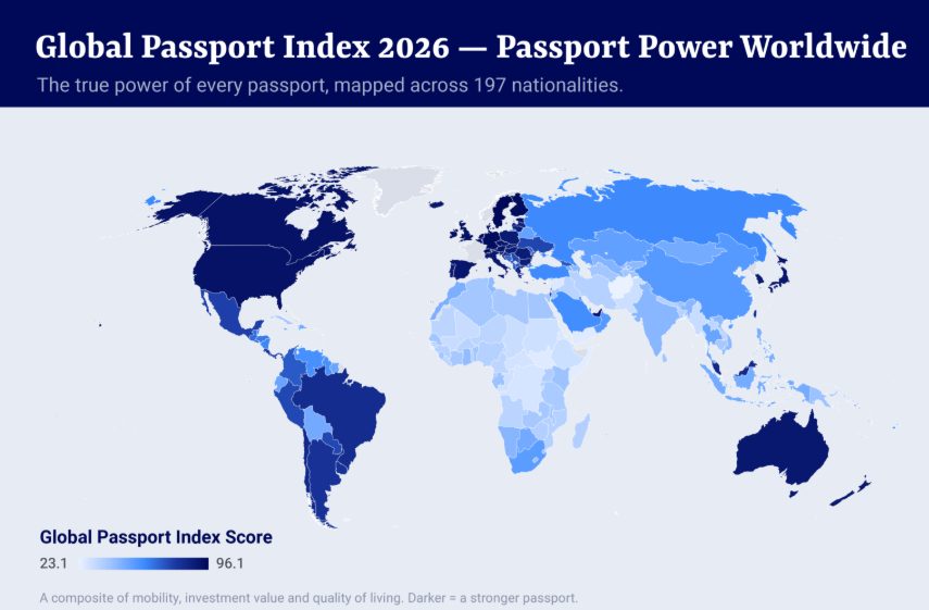 World map showing passport power by country, with Europe highlighted in dark blue