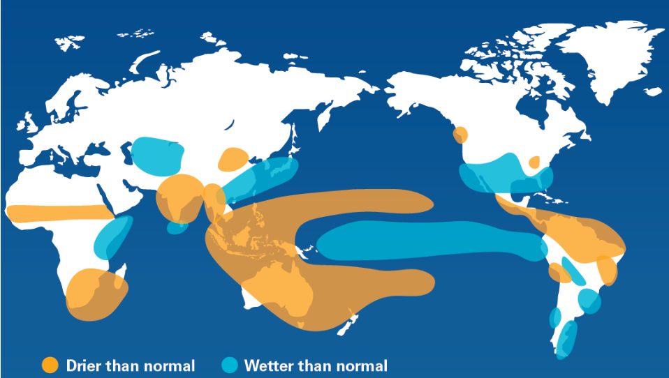 World map showing regions experiencing drier than normal and wetter than normal conditions